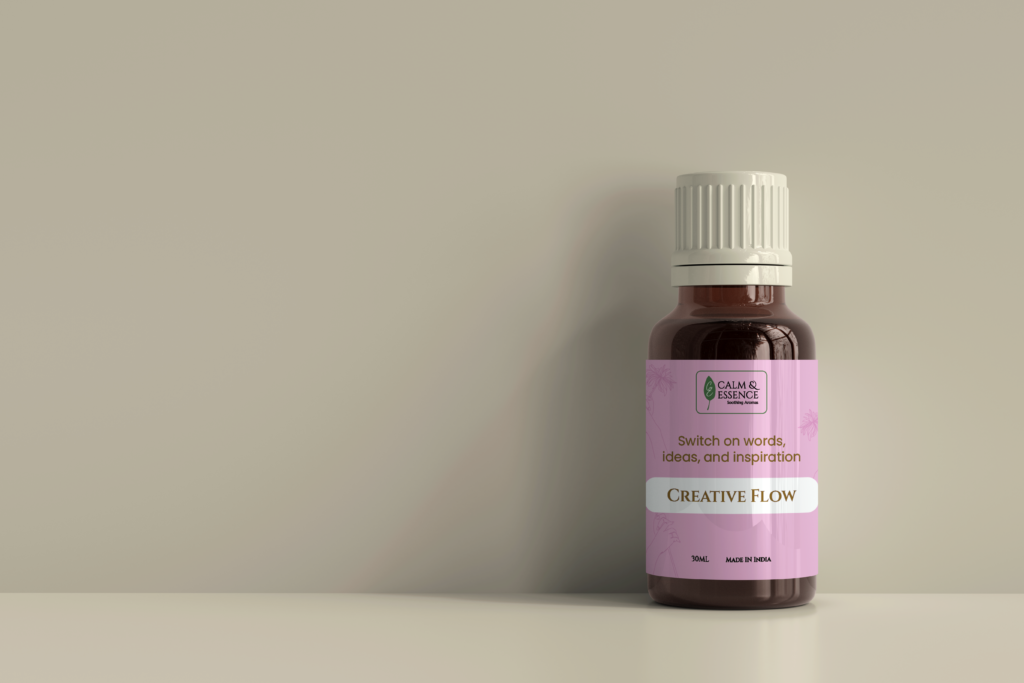 Minimalist shot of Creative Flow essential oil for mental clarity and focus.