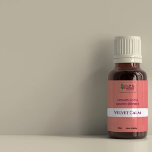 Front view of Velvet Calm essential oil. Check price for this premium 15ml Rose and Vanilla blend.