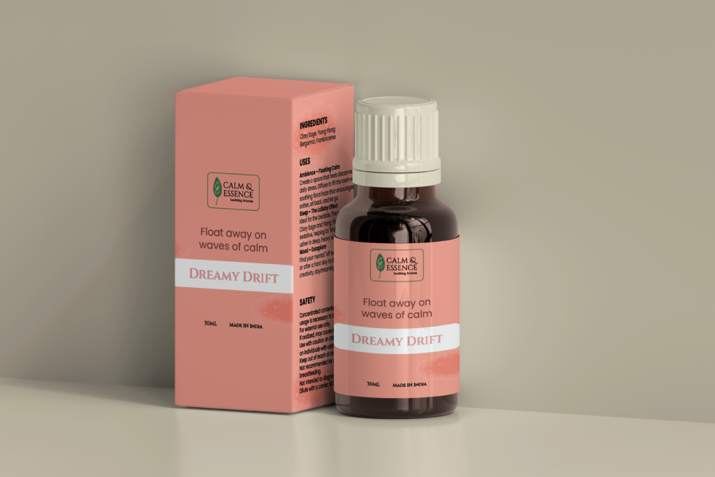 Dreamy Drift essential oil with its premium pink box packaging, a luxury gift-ready blend for deep sleep.