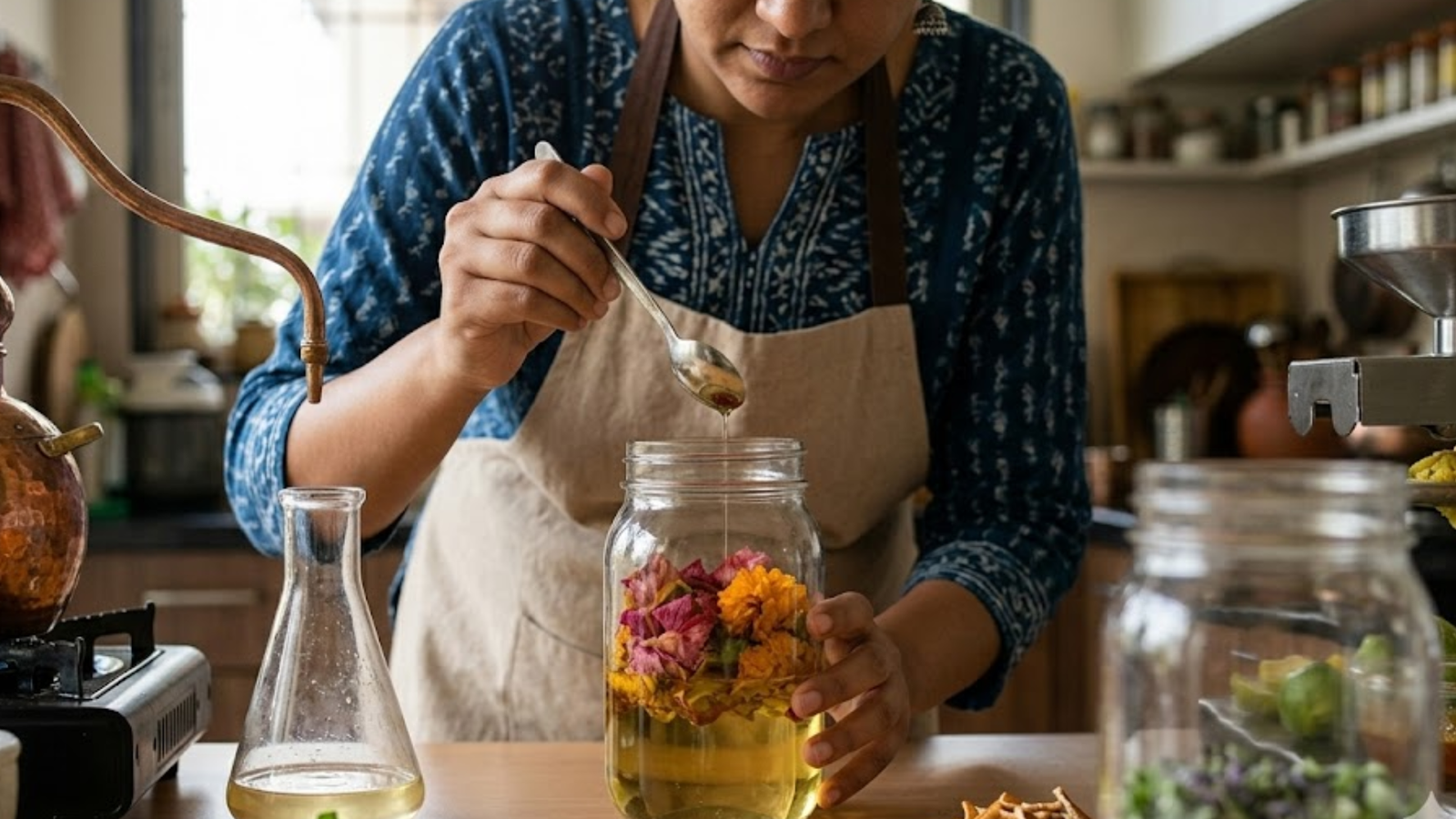 A close-up shot of a person preparing a homemade botanical oil infusion by carefully adding essential ingredients into a glass jar for a natural wellness project.